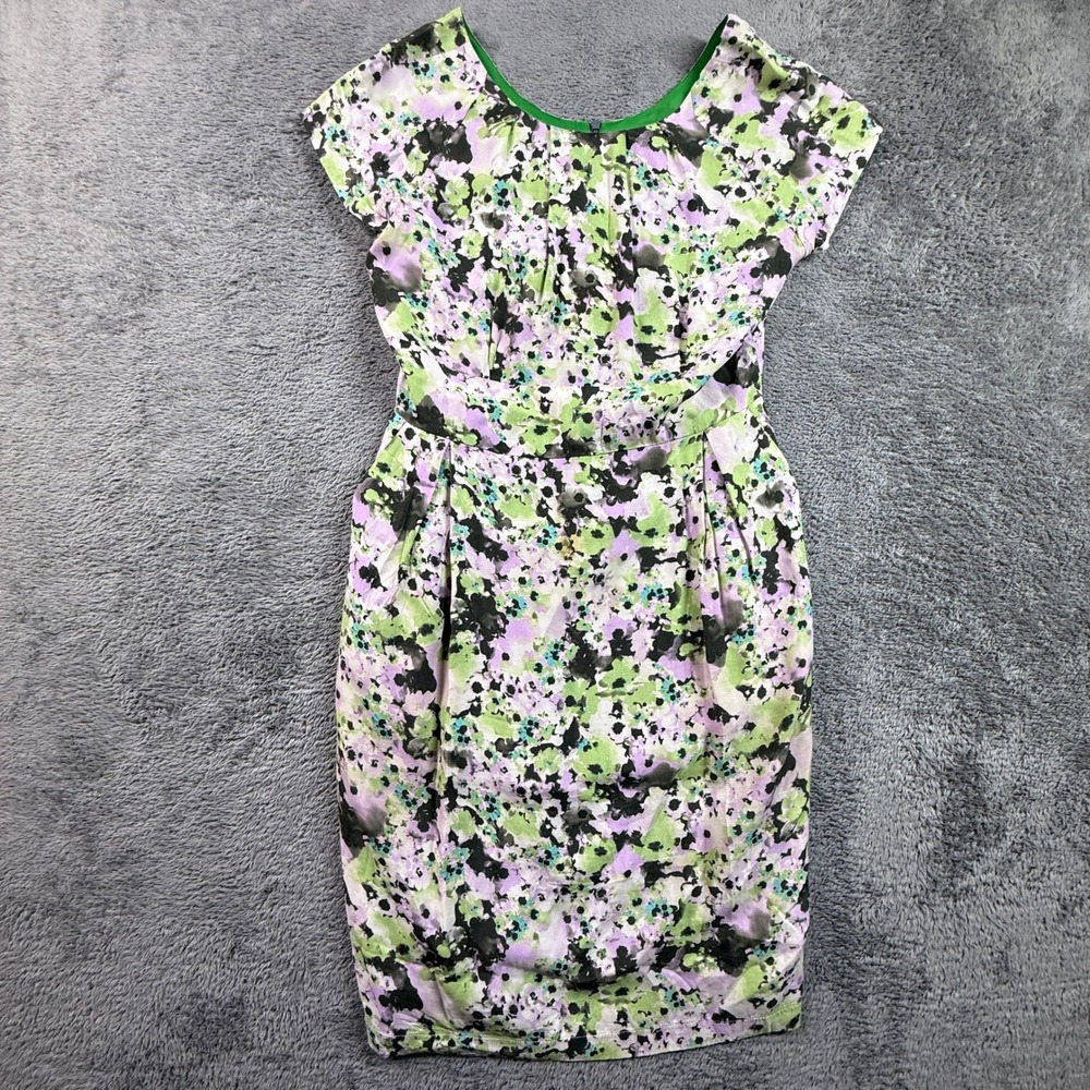 DEMA Green Floral Tulip Dress Cap Sleeve Pleated Sheath Women's M